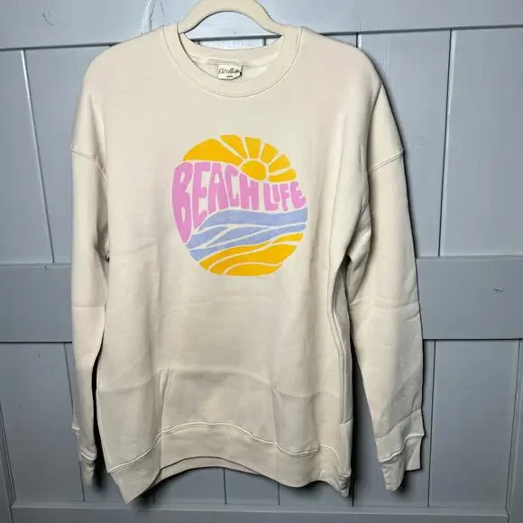 Oat Collective Beach Life Cream Graphic Sweatshirt Large NEW - Picture 4 of 6